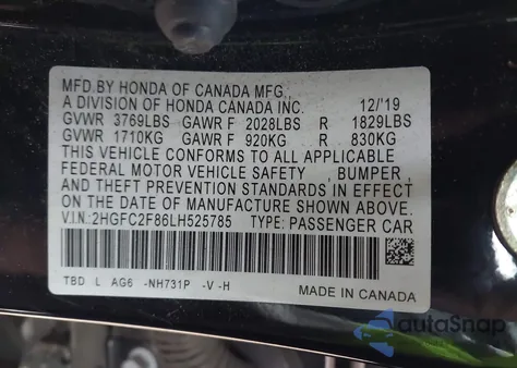 2020 Honda Civic Sport z USA, uszkodzony, nr VIN 2HGFC2F86LH525785